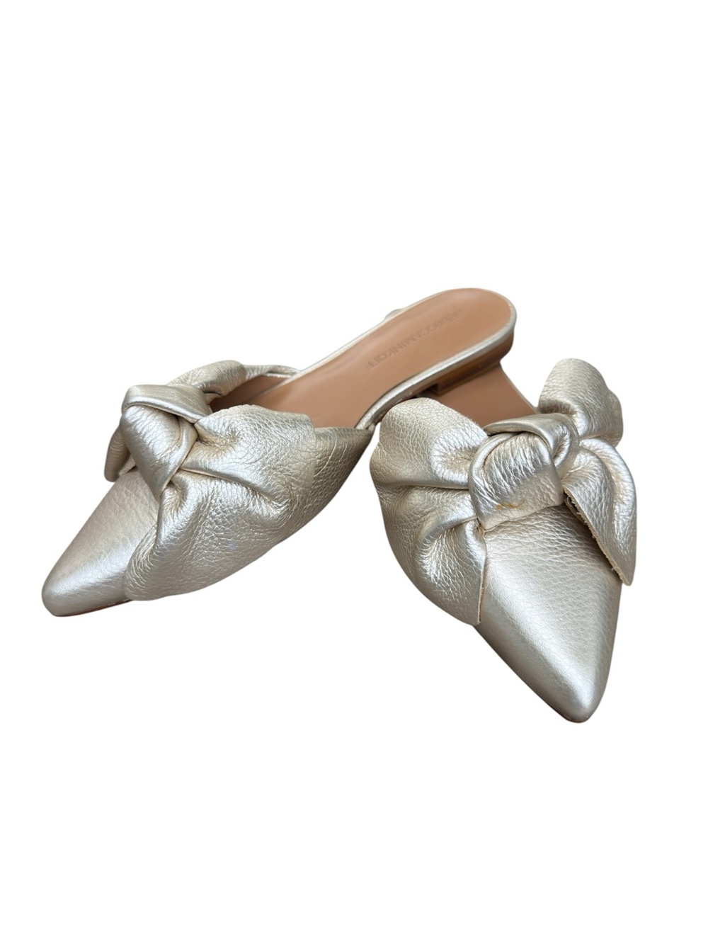 REBECCA MINKOFF Metallic Gold Leather Mules Modern Glam Pointed Toe Knot Bow 7M